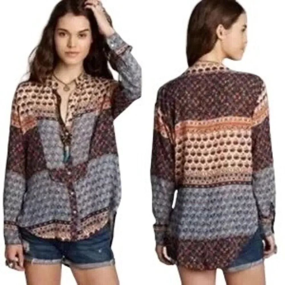 Free People Caravan Patchwork Button Down Top